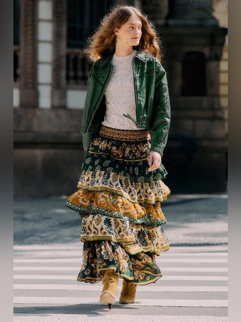 Farm Rio: Green Ayla Mixed Scarves Layered
Maxi Skirt